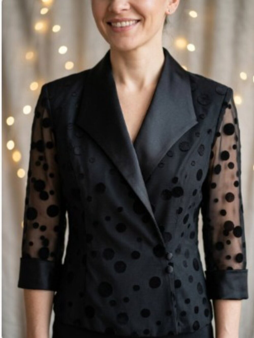 Alex Evenings Vintage 1990s Black Polka Dot Blazer with Sheer Sleeves Medium EUC